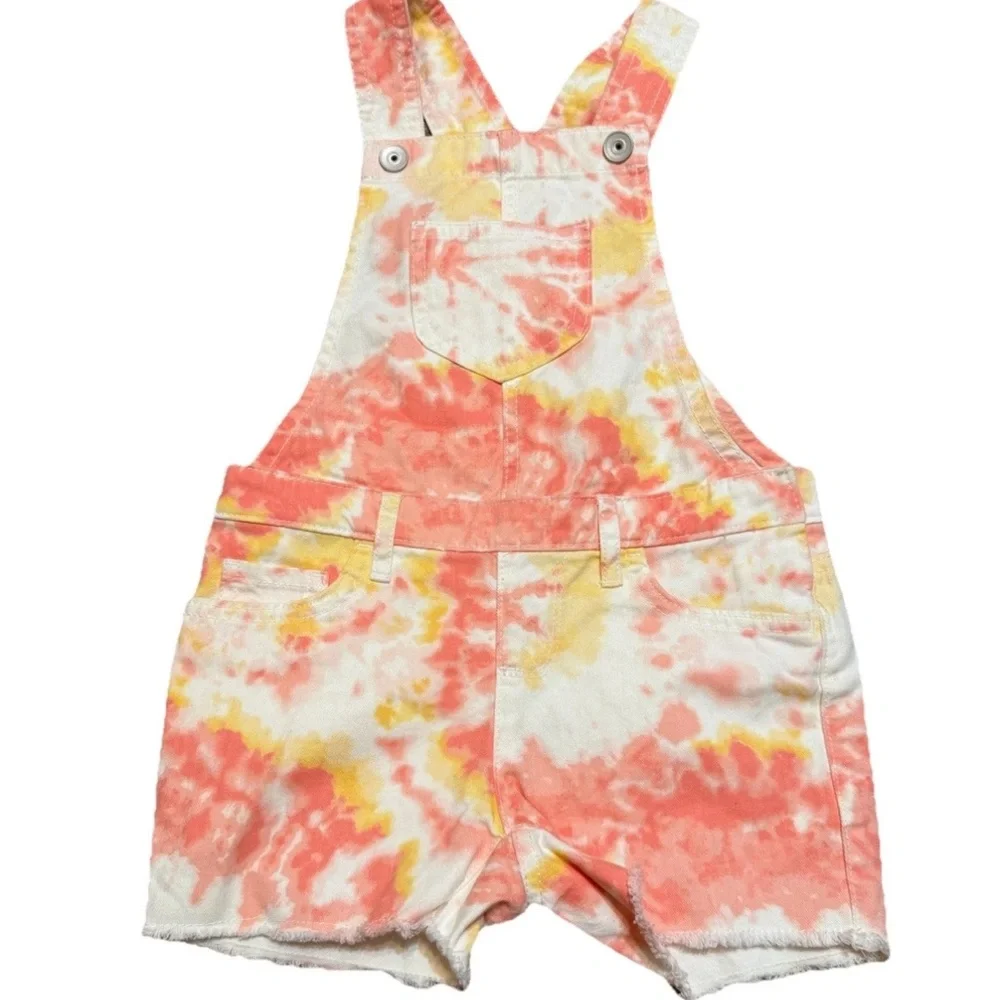 The Children's Place Girls Tie Dye Overall Shorts Size 5 Orange Pink White Denim